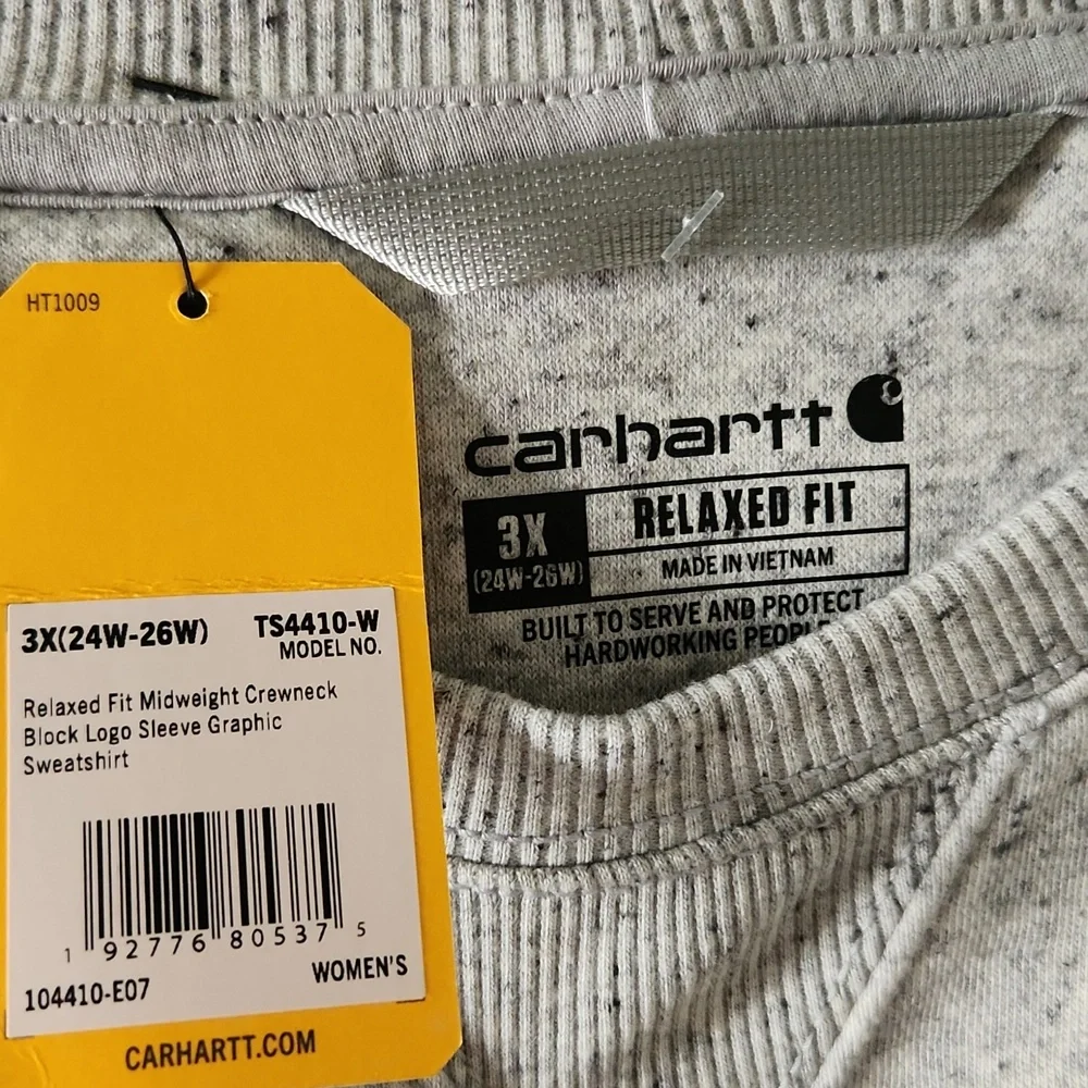 BNWT Carhartt Women's Heather Gray Crewneck Sweatshirt with Sleeve Logo - Picture 3 of 5